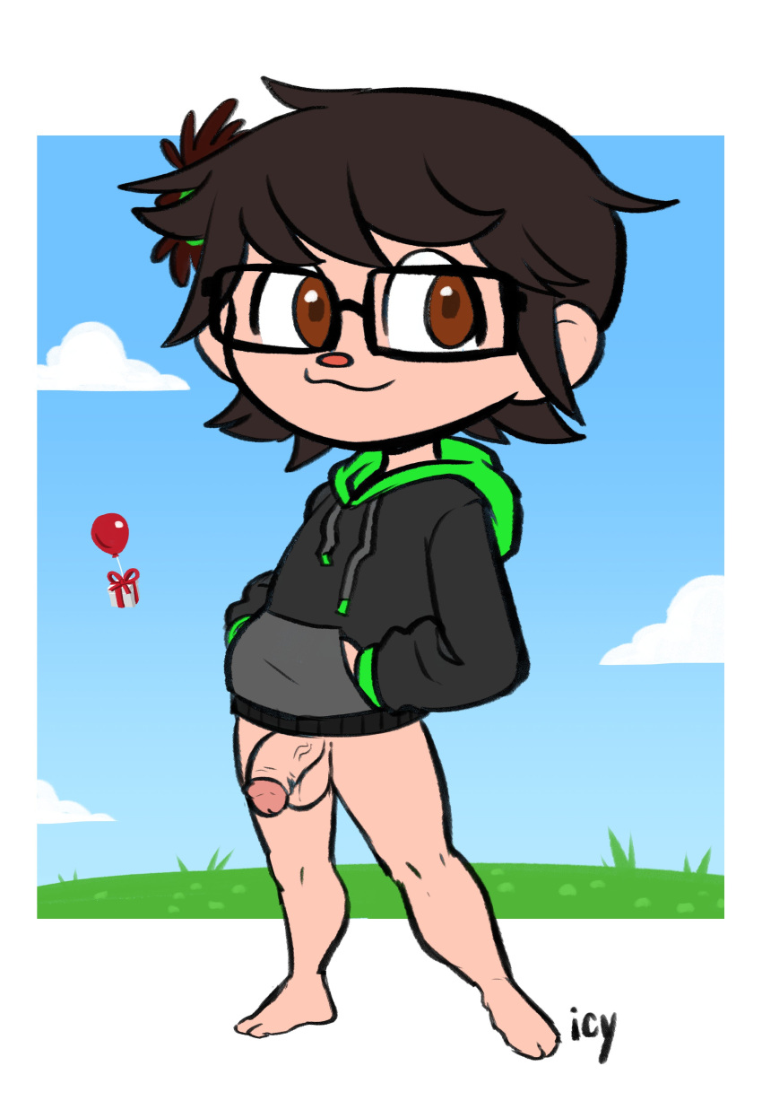 1boy animal_crossing animal_crossing_boy animal_crossing_new_horizons balls bottomless brown_hair glans glasses iseenudepeople male male_only nintendo only_player penis solo solo_male source_request sweater testicles toony villager_(animal_crossing) year_request