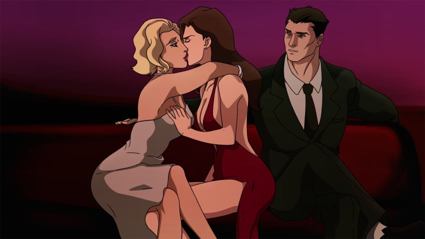 1boy 2girls batman batman_(series) batman_vs_robin black_hair blonde_hair breast_grab breasts bruce_wayne clothed curvy curvy_female dc dc_comics dcamu elmrtev female female/female human human_only kissing lesbian_kiss light-skinned_female light-skinned_futanari light_skin lipstick male male_supporting_yuri mature mature_female mature_woman milf mother samantha_vanaver son_of_batman south_asian southeast_asian talia_al_ghul talia_al_ghul_(dcamu) touching_breast voluptuous voluptuous_female yuri yuri_with_male_audience