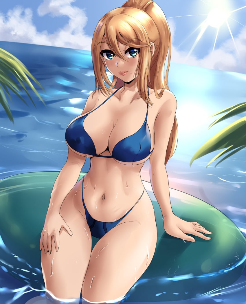 1girls artist_name bikini blue_eyes female huge_breasts leonart metroid nintendo samus_aran water