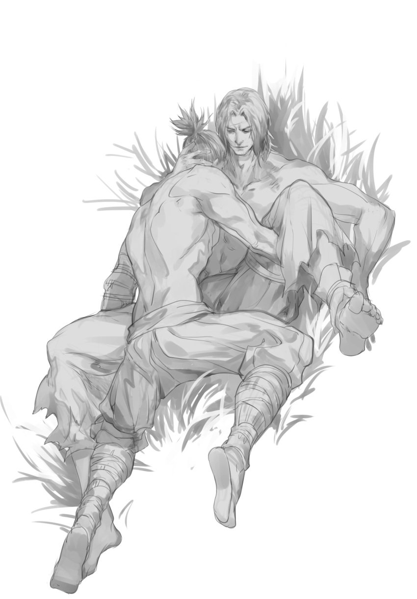 2boys fromsoftware full_body gay genichiro_ashina greyscale hakama hand_on_another's_head implied_sex japanese_clothes leg_grab leg_up male male_only monochrome muscular muscular_male on_back sekiro sekiro:_shadows_die_twice tied_hair topless topless_male vetania yaoi