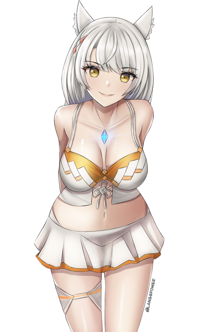 1girls absurdres arms_behind_back bare_arms bare_legs bare_shoulders bare_thighs bikini braid breasts cat_ears catgirl cleavage core_crystal female female_only highres hourglass_figure langspower medium_breasts midriff mio_(xenoblade) navel nintendo orange_bikini orange_swimsuit short_hair side_braid silver_hair simple_background smile smiling swimsuit thick_thighs thigh_strap thighs white_background white_bikini white_swimsuit xenoblade_(series) xenoblade_chronicles_3 yellow_eyes