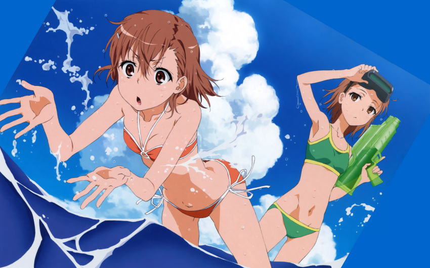 10s 2013 2girls :o absurd_res armpits ass ass_cleavage bare_shoulders bare_thighs bikini breasts brown_eyes brown_hair brunette butt_crack cleavage clone collarbone dat_ass female goggles goggles_on_head green_bikini green_swimsuit hair_ornament hairclip hi_res hiyamizu_yukie leaning_forward matching_hair/eyes midriff misaka_imouto misaka_mikoto navel ocean official_alternate_costume official_art open_mouth orange_bikini orange_swimsuit outdoors partially_submerged scan short_hair sky small_breasts swimsuit teenage_girl teenager thighs to_aru_kagaku_no_railgun to_aru_majutsu_no_index water water_gun wet young