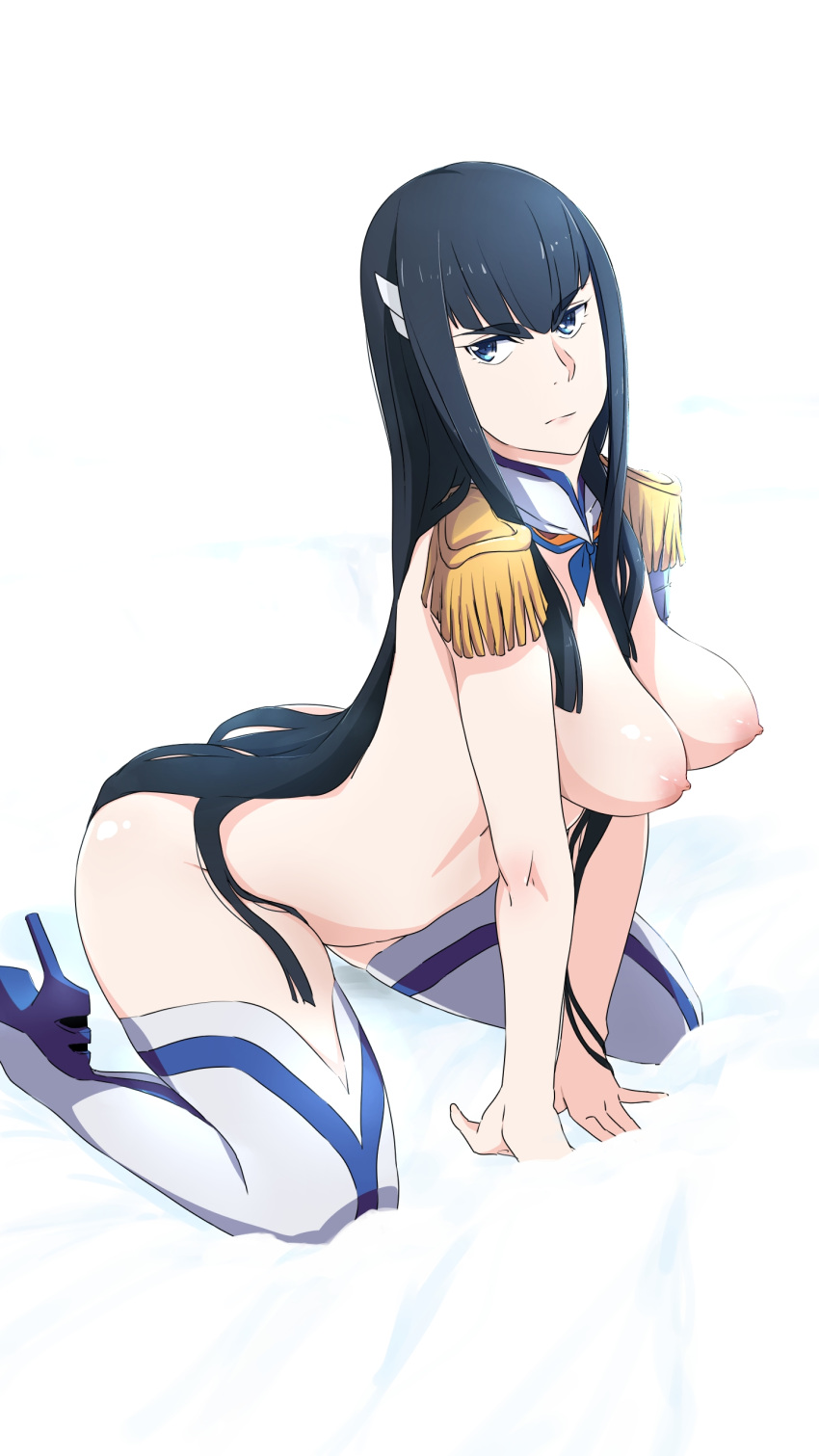 arched_back areolae asian asian_female bed bent_over big_breasts black_hair blue_eyes female hi_res high_heels highres kill_la_kill kiryuuin_satsuki light-skinned_female light_skin long_hair looking_at_viewer nipples teenager thick_thighs thighhighs tonotyama