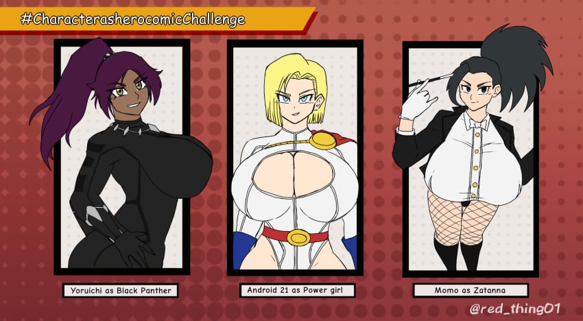 3girls android_18 black_panther_(cosplay) black_panther_(series) bleach breasts_bigger_than_head characterasherocomicchallenge cosplay crossover crossover_cosplay crossplay dark-skinned_female dark_skin dc dc_comics dragon_ball dragon_ball_super dragon_ball_z female female_only h3_sama huge_breasts marvel momo_yaoyorozu multiple_girls my_hero_academia power_girl power_girl_(cosplay) shihouin_yoruichi zatanna zatanna_zatara_(cosplay)