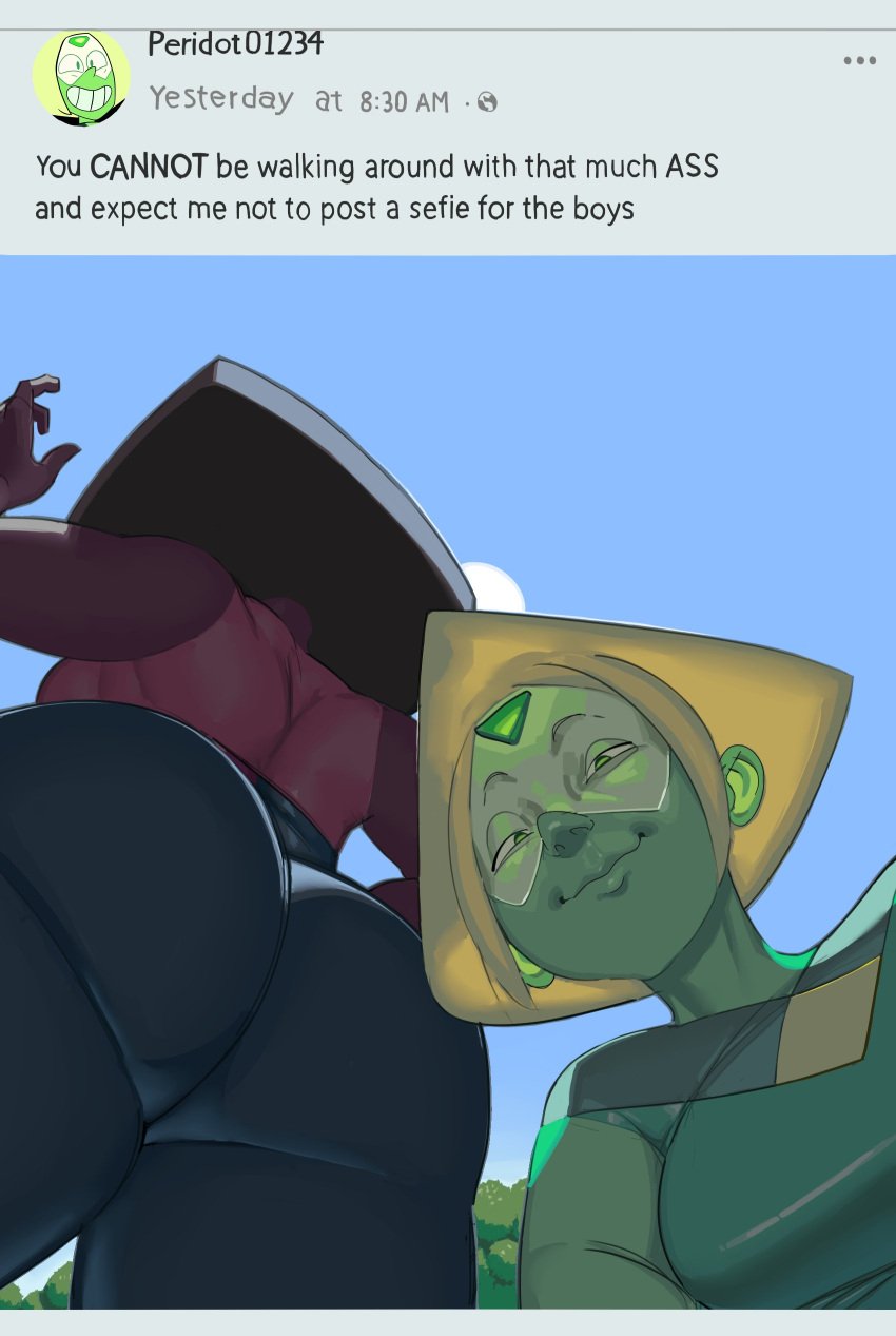 2girls afro ass_focus backboob big_ass cartoon_network dark-skinned_male female female_only garnet_(steven_universe) gem_(species) green_skin grey_body huge_ass large_ass lava_(artist) looking_at_viewer low-angle_view outdoors outside peridot_(steven_universe) phone selfie smile smug social_media steven_universe unaware visor wide_hips yellow_hair you_cannot_be_walking_around_with_that_much_ass_(meme)