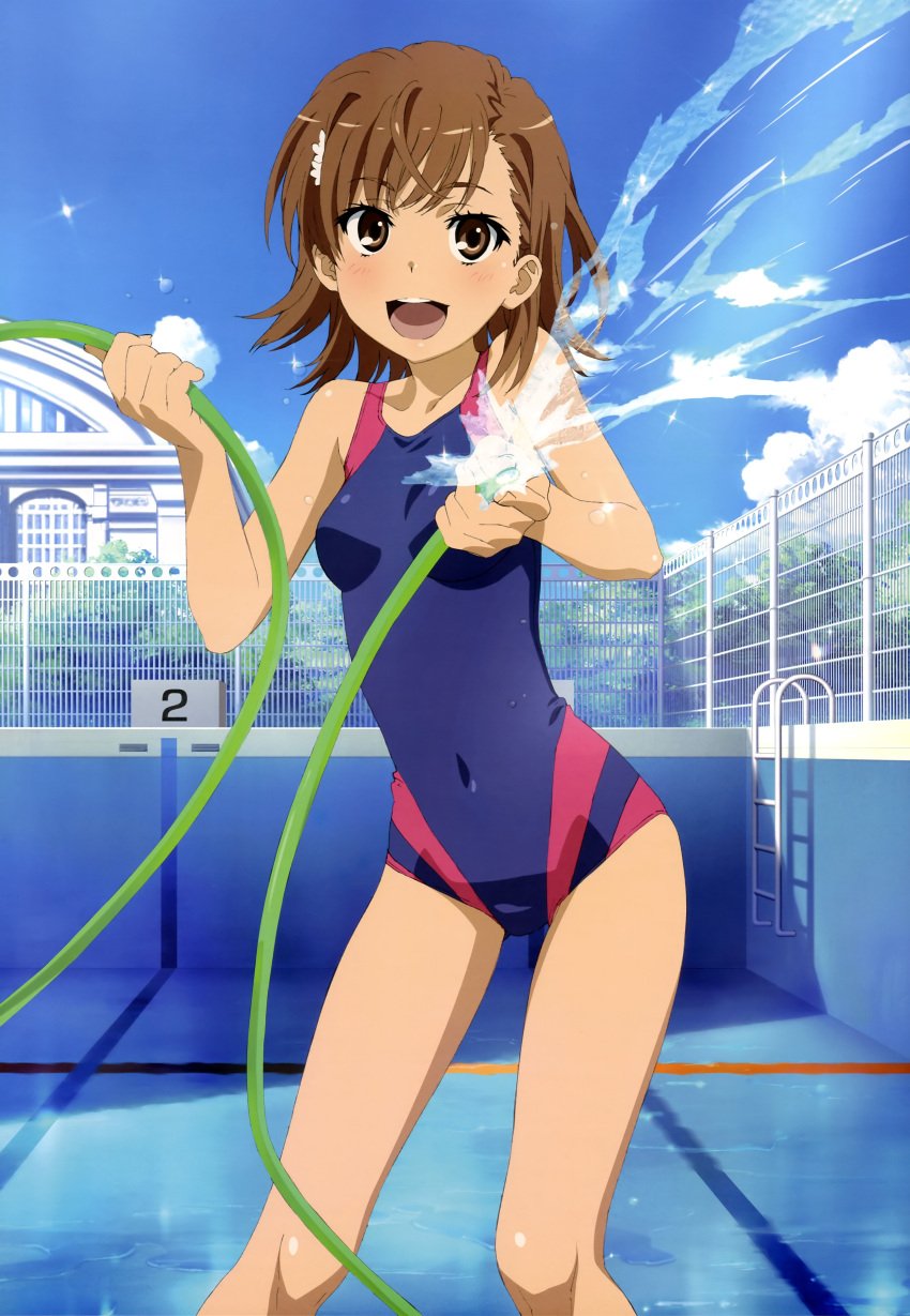 10s 1girls 2013 :d absurd_res bare_legs bare_shoulders brown_eyes brown_hair brunette cloud collarbone competition_swimsuit covered_navel cute day empty_pool female fence happy happy_female hi_res hose matching_hair/eyes misaka_mikoto nyantype official_art one-piece_swimsuit open_mouth open_smile outdoors pool pool_ladder scan school_swimsuit short_hair skin_tight sky smile solo splashing standing swimsuit tanaka_yuuichi teenage_girl teenager thighs to_aru_kagaku_no_railgun to_aru_majutsu_no_index water young