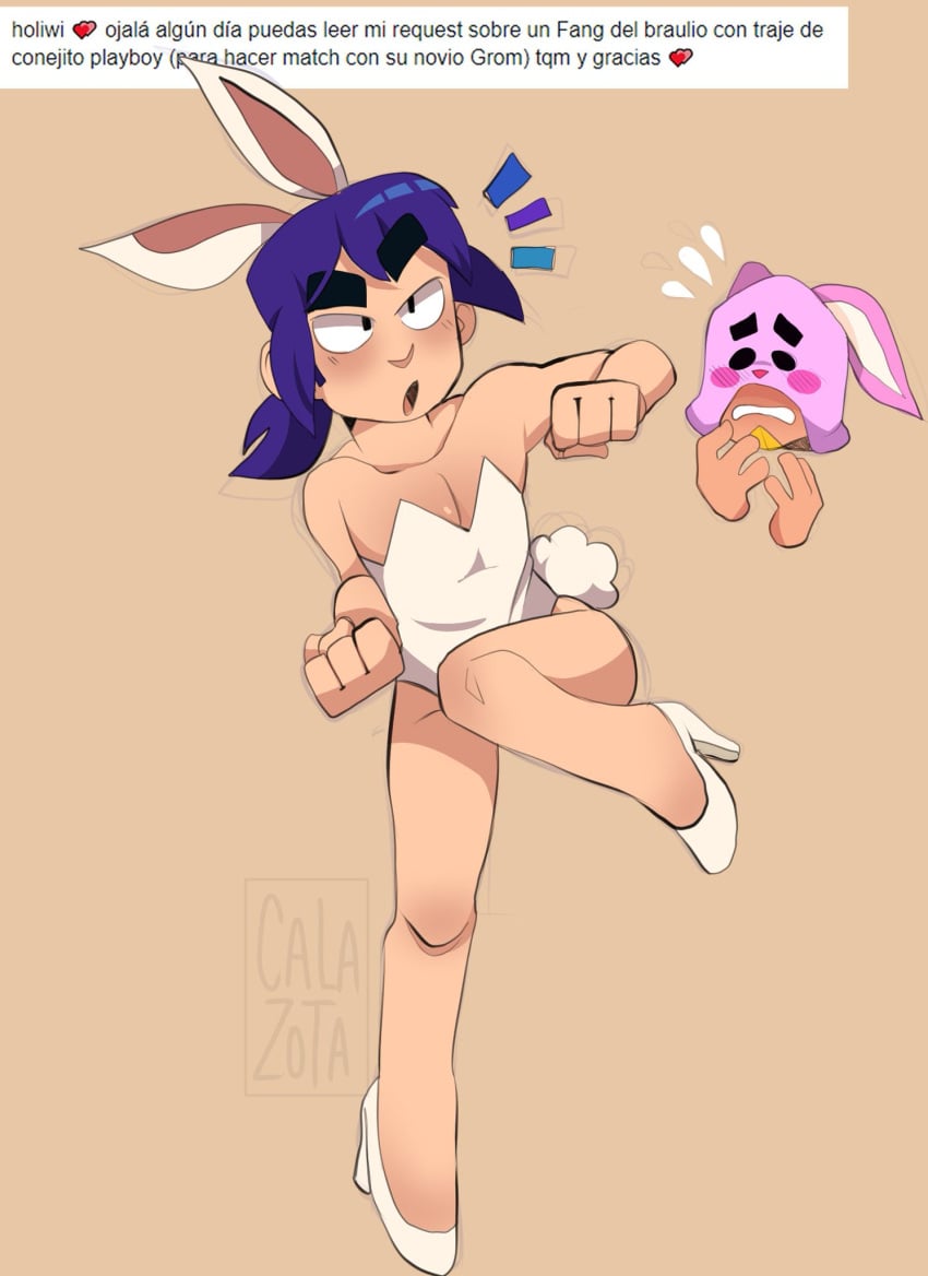 background blue_hair brawl_stars calazotauvu commission fang_(brawl_stars) femboy grom_(brawl_stars) legs penis playboy_bunny playboy_outfit