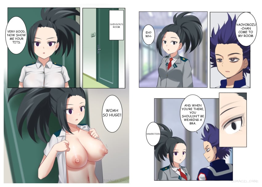 1boy 1girls big_breasts breasts breasts_out comic empty_eyes english_text female flashing_breasts hitoshi_shinso hypnosis hypnotized large_breasts male maozi_dan mind_control momo_yaoyorozu my_hero_academia nipples no_bra nude_female open_clothes ponytail purple_hair right_to_left school_uniform self_exposure speech_bubble text text_bubble u.a._school_uniform undressing uniform