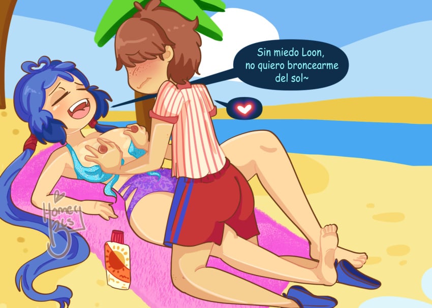 beach blue_eye blue_hair boobs brown_hair fhs fhsz3r0 fnafhs fnafhs_z3ro fnafhsrule34 homerbls loon_(fnafhs) red_eye red_eyes spanish_text usagi_(fnafhs) usagi_bon