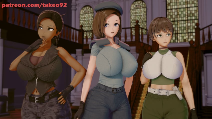 3d 3d_(artwork) 3girls big_breasts blue_eyes brown_eyes brown_hair clothed clothing curvaceous curvy dark-skinned_female dark_skin female female_focus female_only fingerless_gloves green_eyes hanging_breasts headwear huge_breasts human jill_valentine jill_valentine_(julia_voth) koikatsu large_breasts mansion nipples_visible_through_clothing pale_skin patreon pinup ponytail rebecca_chambers resident_evil resident_evil_0 resident_evil_5 resident_evil_remake sagging_breasts sheva_alomar short_hair standing takeo92 text thick_ass thick_thighs tight_clothing uniform wide_hips