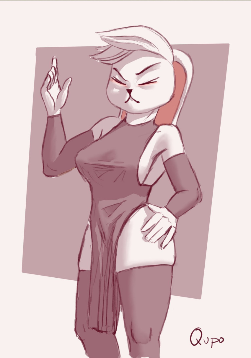 :< angry_face anthro big_breasts breasts bunny_ears bunny_girl clothed clothing ears_back ears_down female female_focus female_only fur furry furry_only ms._bunlee nativefall original original_character qupostuv35 red_clothing revealing_clothes solo source_request stockings thick_thighs thighs white_body white_fur white_hair year_request