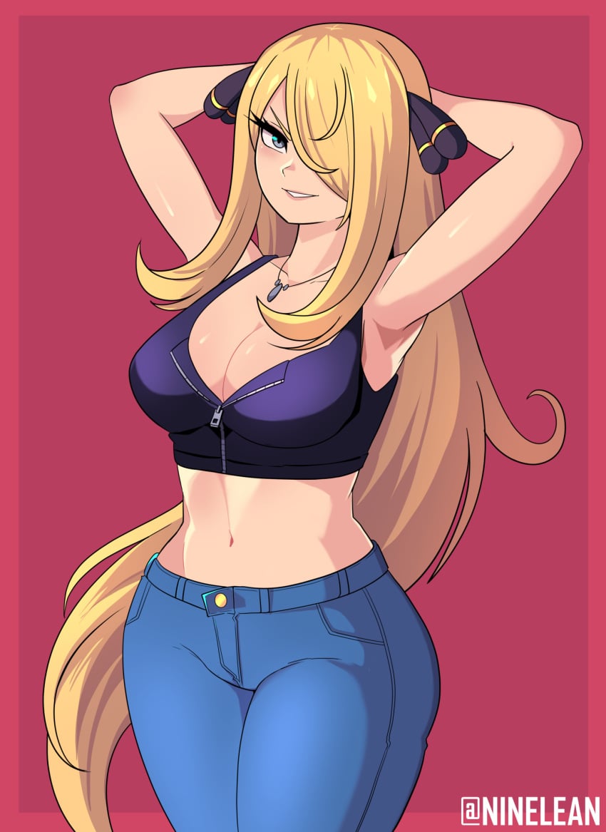 1girls armpits arms_behind_head big_breasts blonde_hair breasts busty child_bearing_hips cleavage confident creatures_(company) cynthia_(pokemon) denim female female_only game_freak grey_eyes hair_over_one_eye highres jeans large_breasts legs long_hair looking_at_viewer midriff navel ninelean nintendo pants parted_lips pokemon pokemon_(game) pokemon_dppt pose posing sensual sexy_armpits smile solo thighs very_long_hair voluptuous wide_hips zipper zipper_pull_tab