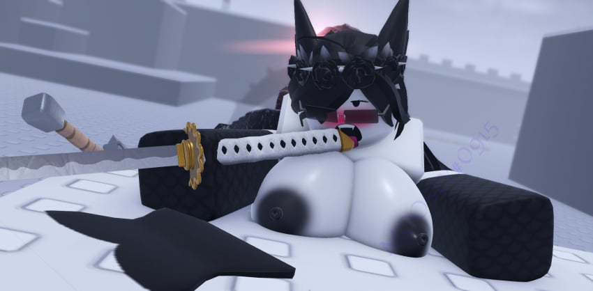 3d armor black_ears black_hair blush combat_warriors cum_in_pussy doggy_style dragon_lady_(moosty) dripping_cum fangs front_view glasses katana moosty open_mouth outside roblox roblox_game robloxian self_upload snow tagme tongue_out white_skin