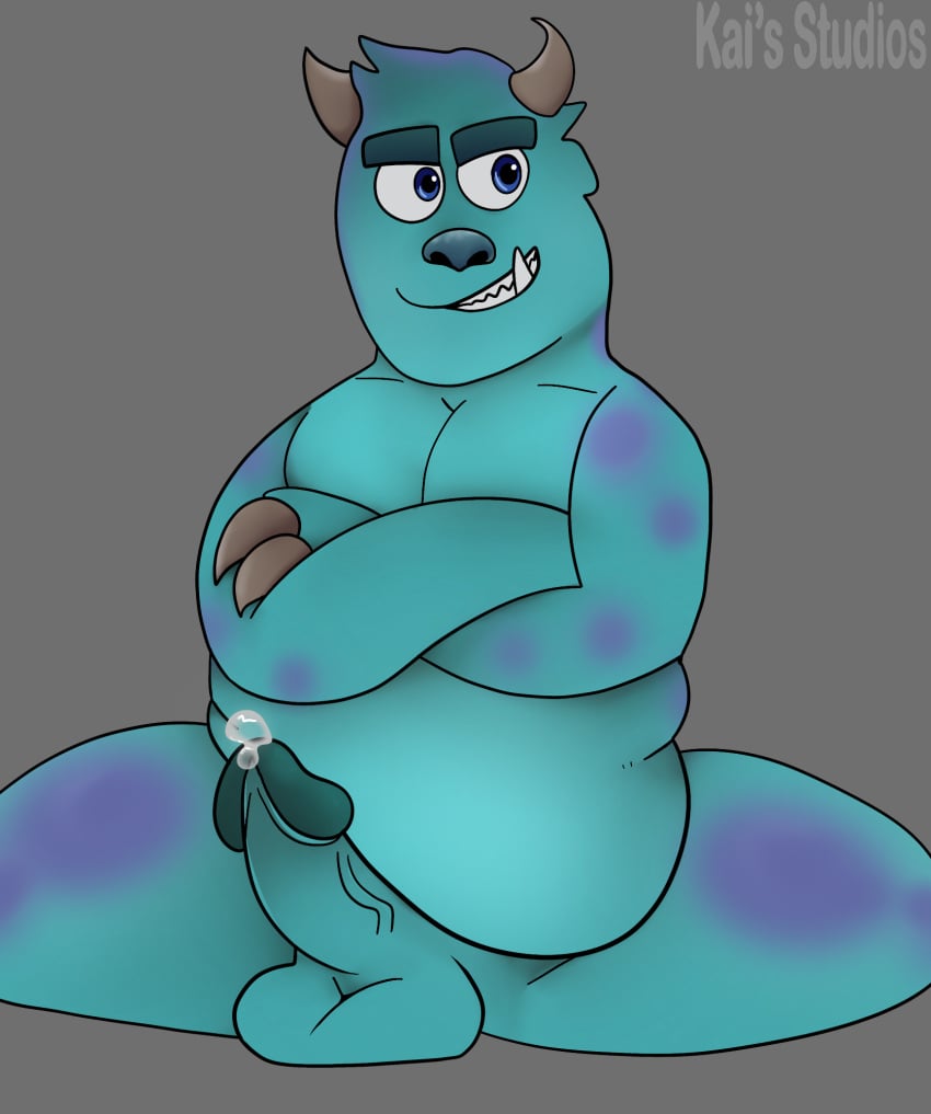 1boy anthro balls ballsack blue_eyes blue_fur bushy_eyebrows circumcised disney erection fluffy_fur grin hi_res horns james_p._sullivan kais_studios male male_only monster monsters_inc monsters_university overweight overweight_male penis pixar precum precum_drip purple_spots scrotum sharp_teeth solo solo_male spotted_fur sulley testicles veiny_penis