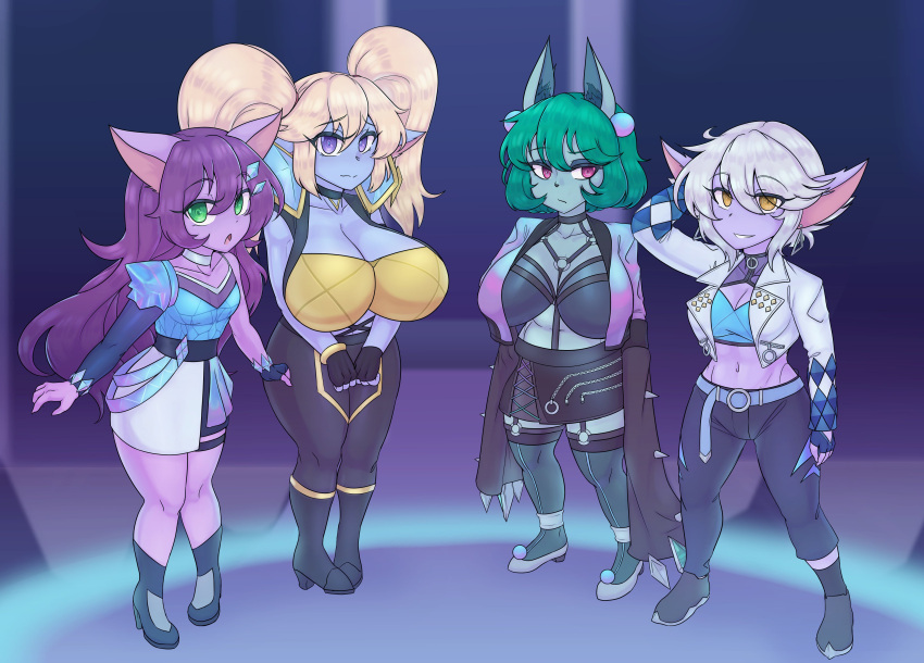 4girls big_breasts cosplay female female_only k/da_all_out_ahri_(cosplay) k/da_all_out_akali_(cosplay) k/da_all_out_evelynn_(cosplay) k/da_all_out_kai&#039;sa_(cosplay) k/da_all_out_series league_of_legends lulu_the_fae_sorceress multiple_girls open_mouth poppy riot_games scuttlefish shortstack thick_thighs thighhighs tristana twintails vex_(league_of_legends) yordle