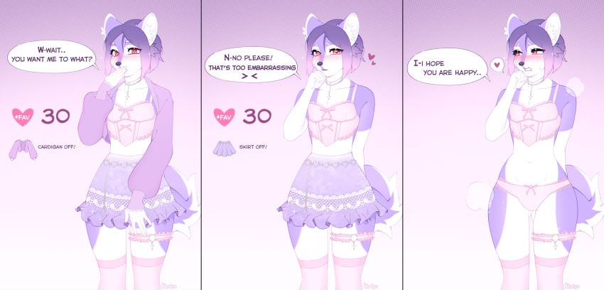 anthro blush bottomwear canid canine canis clothed clothing covering covering_mouth crop_top crop_top_jacket crossdressing dialogue domestic_dog english_text femboy girly hair heart hi_res highlights_(coloring) husky inner_ear_fluff jacket jewelry legwear male mammal navel necklace nervous nordic_sled_dog pink_highlights pink_stockings purple_hair red_eyes shirt skirt slim solo speech_bubble standing stockings tear_monster text topwear tuft virtualkohai