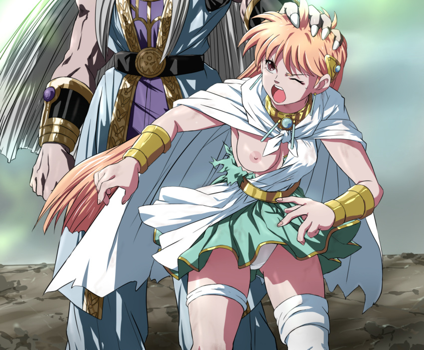 1boy 1boy1girl 1girls big_male blonde_female blonde_hair bracelets breasts clothing demon dragon_quest dragon_quest_dai_no_daibouken dress earrings exposed_breasts exposed_nipples exposed_panties female grab grabbing grabbing_from_behind grabbing_hair grabbing_head green_eyes hair_grab hairclip head_grab human long_hair male medium_breasts muscular muscular_male one_closed_eye open_mouth pale_skin panties princess princess_leona ripped_clothing ripped_dress shi_san short_female short_skirt taller_male torn_clothes white_cape white_hair young younger_female