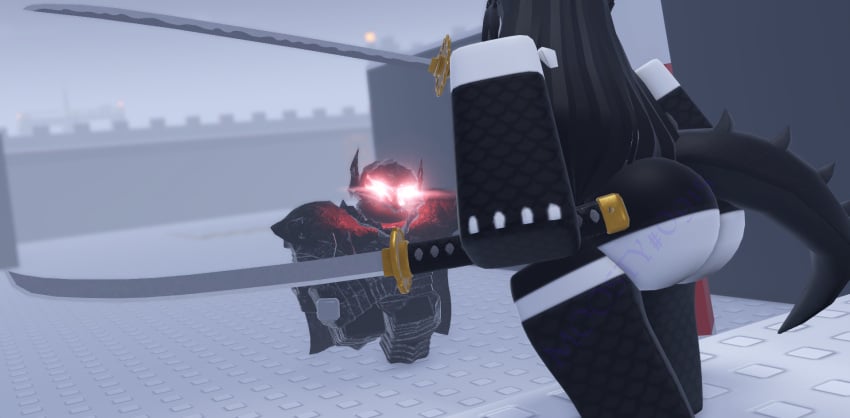 3d armor back_view berserker black_ears black_hair clothed combat_warriors dragon_lady_(moosty) glasses holding_weapon imminent_sex katana moosty outside roblox roblox_game robloxian self_upload snow tagme white_skin