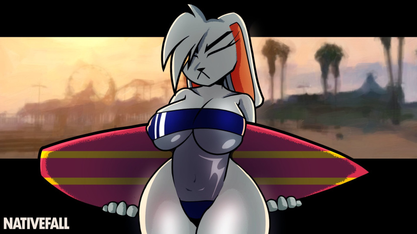 2022 background beach big_breasts breasts cleavage clothing female female_focus female_only ms._bunlee nativefall original original_character revealing_clothes surfboard swimsuit swimwear thick_thighs thighs white_body white_fur white_hair wide_hips