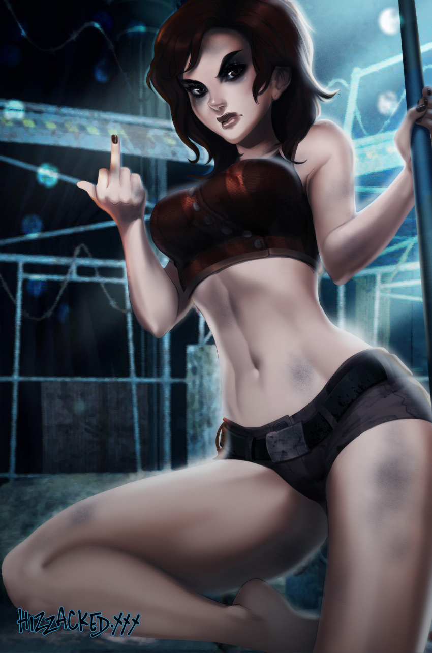 1girls 2022 angry black_hair booty_shorts breasts clothed clothing eyeshadow female female_only hizzacked human light-skinned_female light_skin middle_finger mostly_clothed short_hair shorts solo tagme text