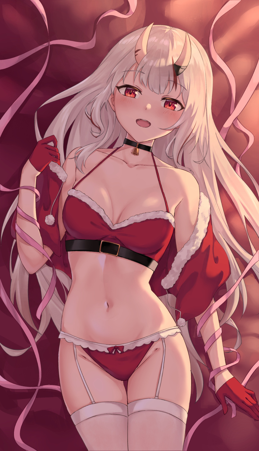 absurd_res bare_shoulders blush breasts choker fangs female garter_straps hi_res hololive hololive_gen_2 hololive_japan horns leeshin0919 lying nakiri_ayame navel on_back oni panties red_eyes ribbon smile solo thighhighs virtual_youtuber white_hair