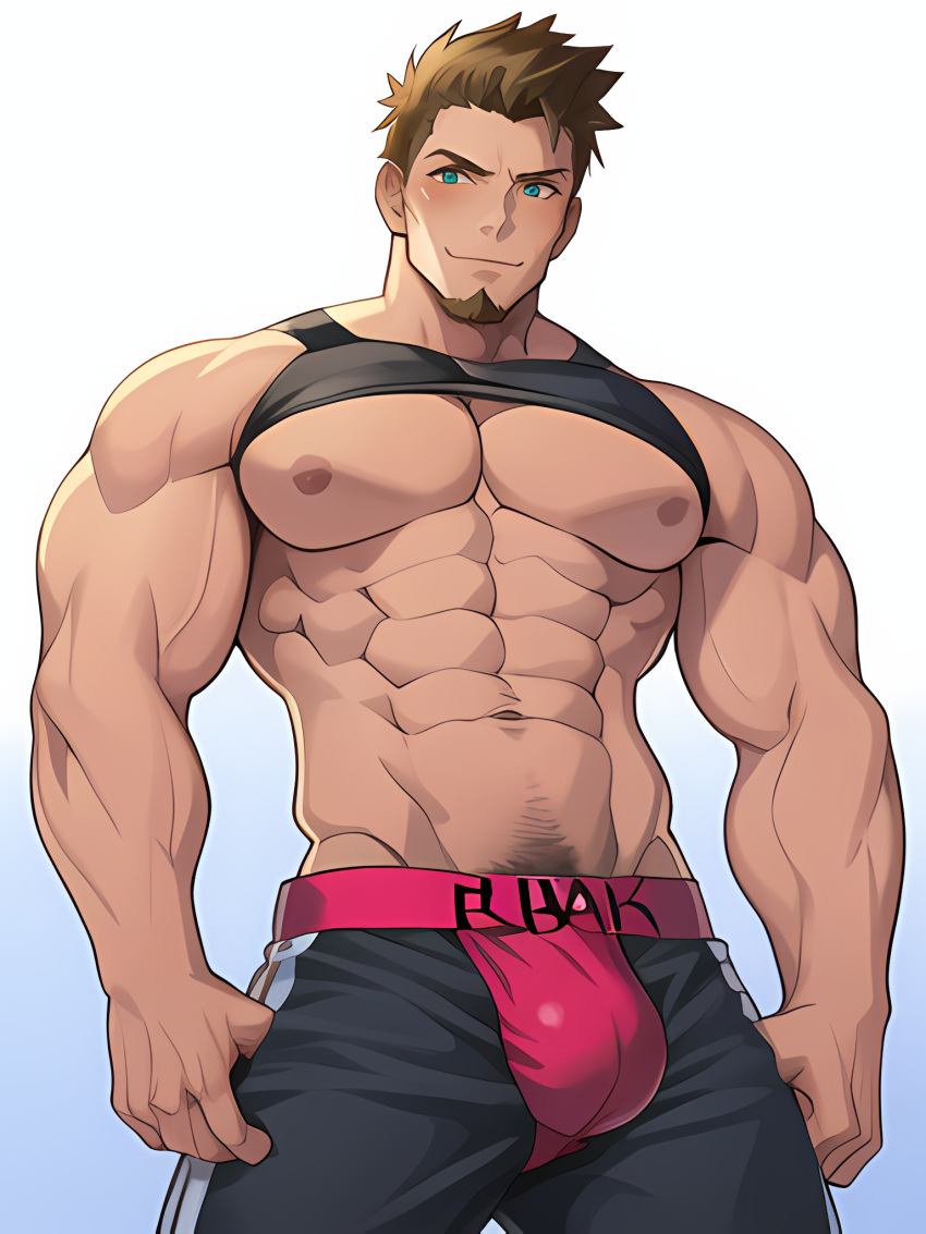 1boy abs ai_generated bara bare_pectorals biceps black_tank_top blue_eyes blush body_hair brown_hair bulge chest_hair chest_harness clothes_lift erection facial_hair feet_out_of_frame goatee happy_sex harness large_pectorals long_sideburns male_focus male_only male_underwear mature_male muscular muscular_male navel navel_hair nipples pants pectoral_press pectorals shirt_lift short_hair sideburns sole_male solo solo_male stable_diffusion stomach stubble tank_top thick_thighs thigh_cutout thighs tight tight_pants topless_male underwear underwear_only undressing