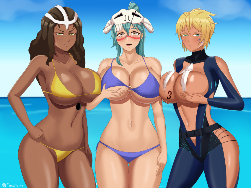 3girls areolae arrancar big_breasts bleach bleach_brave_souls blonde_hair breast_squish brown_hair curly_hair dark-skinned_female dark_skin female female_only green_eyes green_hair huge_breasts light-skinned_female light_skin looking_at_viewer mila_rose multiple_girls nelliel_tu_odelschwanck swimsuit tia_harribel tiredtorto trio