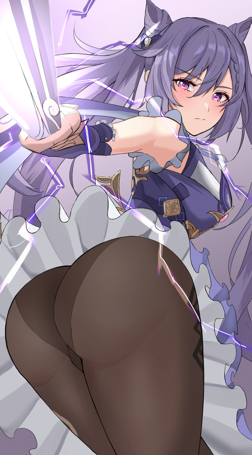 ass ass_focus big_ass big_butt bubble_ass bubble_butt dress female female_only from_behind genshin_impact keqing_(genshin_impact) looking_at_viewer pantyhose pantylines peli_cantaro purple_eyes purple_hair upskirt