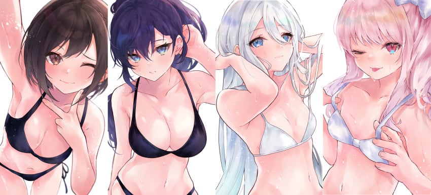 1other 3girls :p akiyama_mizuki almost_naked almost_nude armpit armpits arms_up asahina_mafuyu bare_arms bare_belly bare_shoulders bikini bikini_top blue_eyes boobs breasts brown_eyes brown_hair female girly lifted_arms looking_at_viewer male multiple_girls one_eye_closed otoko_no_ko pink_eyes pink_hair posing project_sekai purple_hair shinonome_ena swimsuit undressing wet white_hair yoisaki_kanade