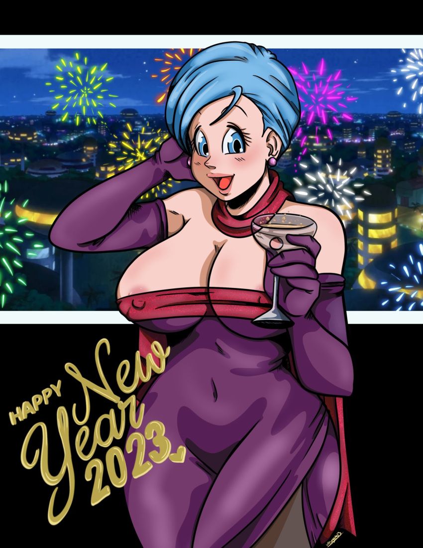 1girls 2022 areola areola_slip areolae blue_eyes blue_hair blush bulma_briefs busty cleavage cocktail dragon_ball dragon_ball_super dress ear_piercing earrings female female_only large_ass large_breasts light-skinned_female light_skin looking_at_viewer low_cut_dress narrow_waist nipple_bulge nipple_slip nipples nipples_visible_through_clothing open_mouth pink_lips pink_lipstick pink_nipples short_hair shounen_jump slim_waist smile solo solo_female thick_thighs tight_clothing tight_dress tongue ukevegeta13 voluptuous voluptuous_female wide_hips