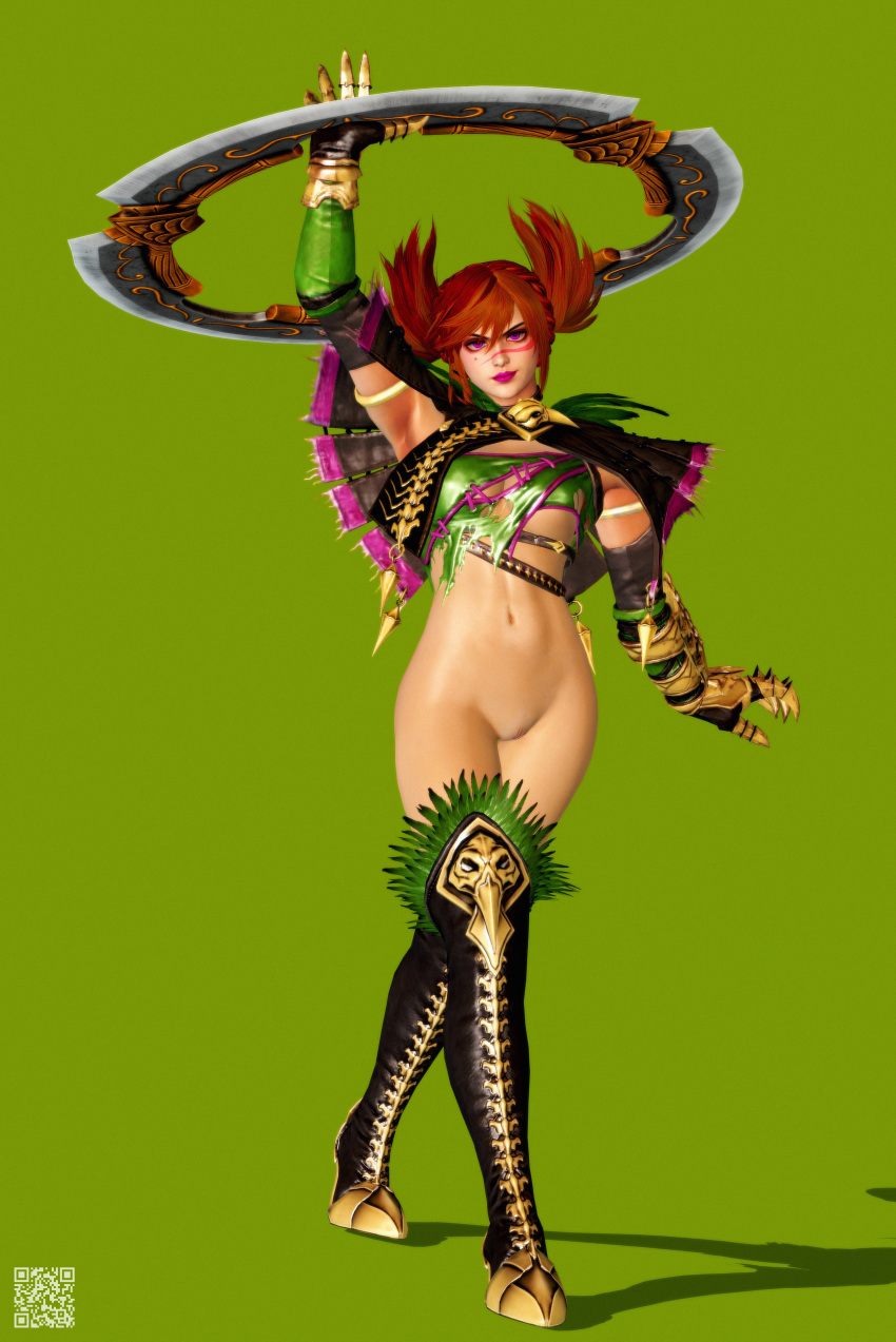 1girls arm_up armored_gloves armpits boots chakram cleavage derangedgod feathers female hip_focus hips hoop looking_at_viewer no_panties petite_body purple_eyes red_hair shaved_pussy small_waist smile solo soul_calibur standing thighs_together tira torn_clothes visible_nipples waist walking weapon wide_hips