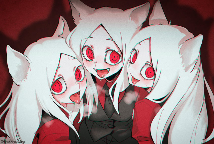 2022 3girls blush cerberus_(helltaker) clothed digital_media_(artwork) dog_ears dog_girl drool drooling fangs female female_only helltaker looking_at_viewer noaharbre panting pov steam tongue_out