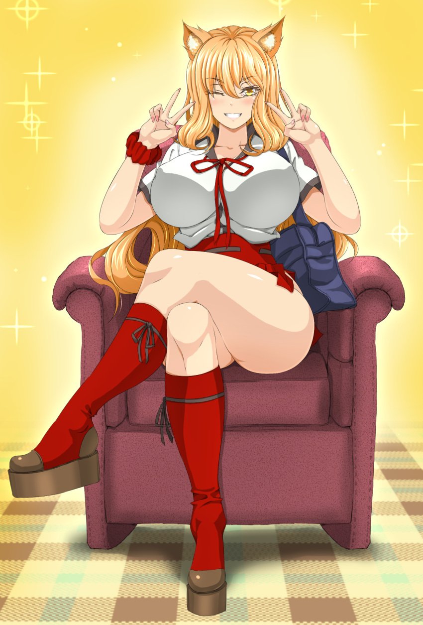 1girls ass big_ass big_breasts blush clothed couch crossed_legs fate/extra fate/grand_order fate_(series) female giruba peace_sign sitting smile solo suzuka_gozen_(fate) tagme