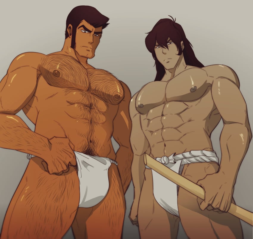 2022 2boys abs bara big_pecs body_hair brown_eyes brown_hair brown_pubic_hair chest_hair duo fundoshi fundoshi_only grey_background hairy hairy_arms hairy_chest hairy_male hairy_thighs holding_object holding_underwear human human_only ishikawa_goemon_xiii japanese_clothing kon_likes_corn large_pectorals long_hair long_hair_male looking_down lupin_iii male male_boobs male_chest male_focus male_nipples male_only manboobs manga_action moobs nipples pecs pectorals pubic_hair serious serious_look six_pack standing thick_eyebrows tms_entertainment toned toned_body toned_male underwear underwear_only white_fundoshi white_underwear zenigata_kouichi