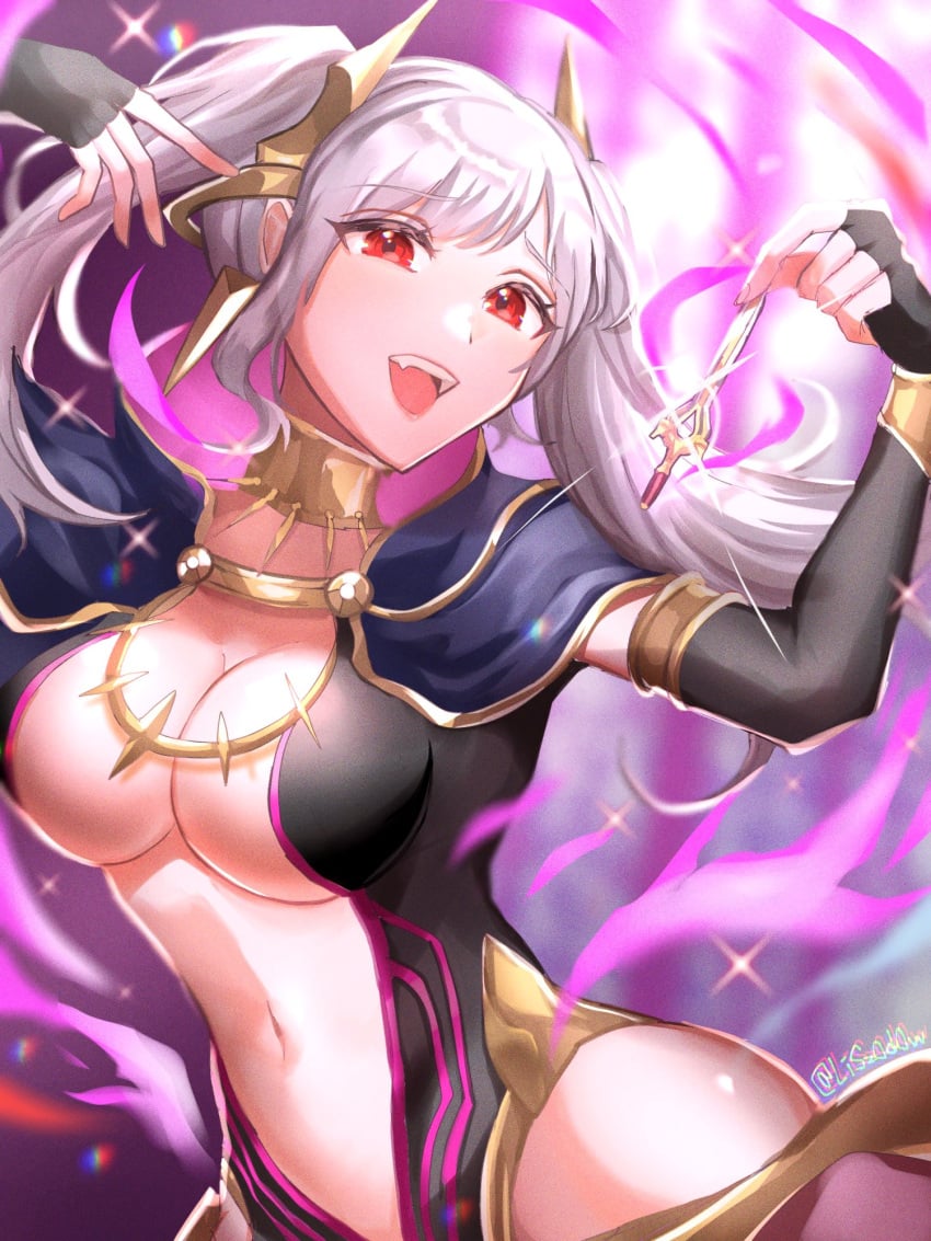 1girls alternate_costume aura breasts bridal_gauntlets cape center_opening cleavage cleavage_cutout cloak clothing_cutout collarbone dark_aura dragon_girl falchion_(fire_emblem) fangs female female_only fire_emblem fire_emblem_awakening fire_emblem_cipher fire_emblem_heroes grima_(fire_emblem) highres hip_vent large_breasts long_hair looking_at_viewer magic mature_female navel navel_cutout nintendo official_alternate_costume open_mouth plunging_neckline red_eyes robin_(female)_(fell_tactician)_(fire_emblem) robin_(fire_emblem) robin_(fire_emblem)_(female) smile solo twintails upper_body white_hair youhei_choregi