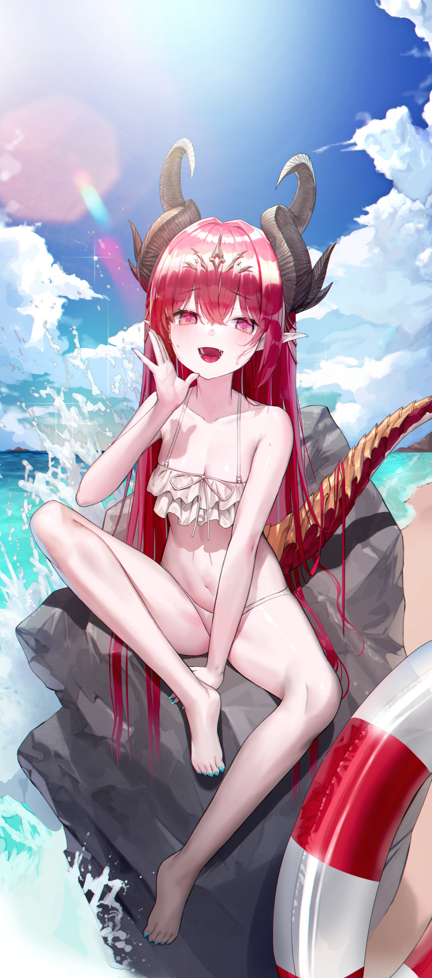 absurd_res bare_shoulders barefoot beach breasts dragon_tail elf_ears feet female hi_res horns nail_polish navel open_mouth original painted_nails pointy_ears red_eyes red_hair sitting solo swimsuit tail thighs yjs0803123