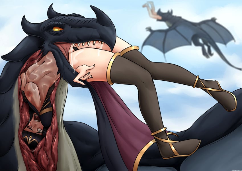 bangs black_eyes black_hair black_nails breasts dracophilia dragon female female_pubic_hair fire_emblem fire_emblem_awakening long_hair medium_breasts nail_polish naked_thighhighs nintendo nipples nude nude_female nyte one_eye_closed outdoors pubic_hair solo_focus tharja_(fire_emblem) thighhighs vore x-ray zoophilia