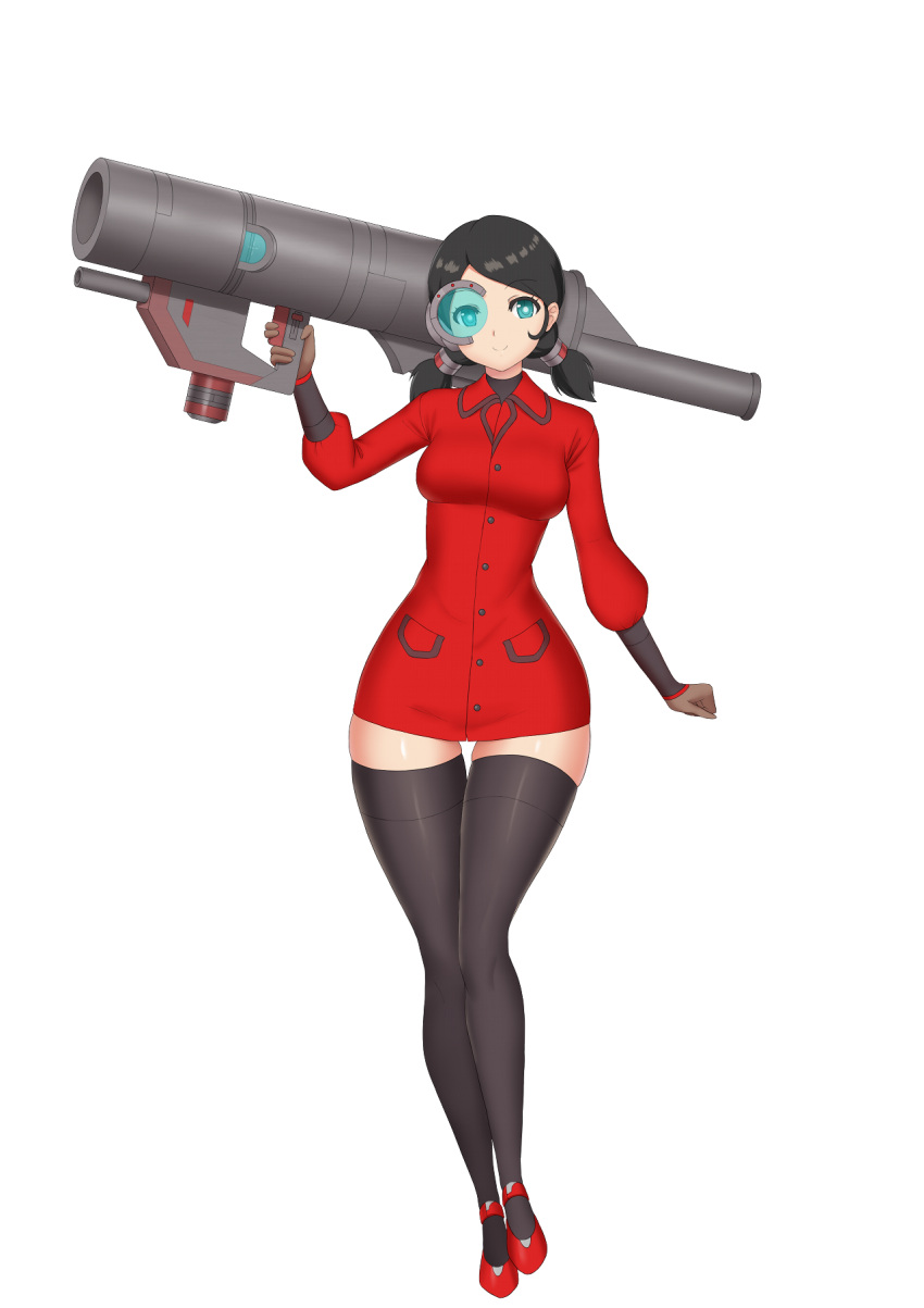 black_hair blue_eyes breasts cannon eden_crest female kainkout looking_at_viewer red_clothes red_high_heels robot robot_girl robot_humanoid shiny_skin small_breasts smiling thigh_socks