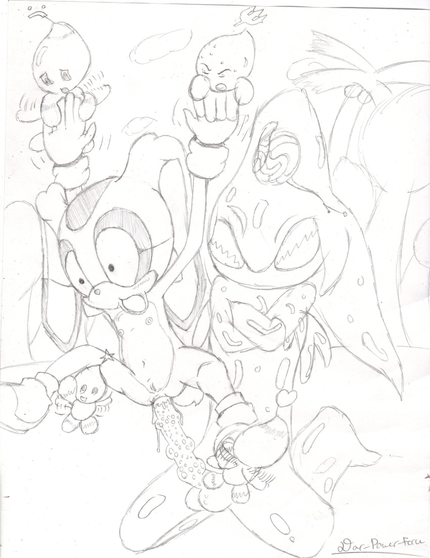 anal arms_folded breasts chao_(sonic) chaos_(sonic) cream_the_rabbit cum dar-powerforce female male monochrome pussy sega small_breasts sonic_(series) tagme