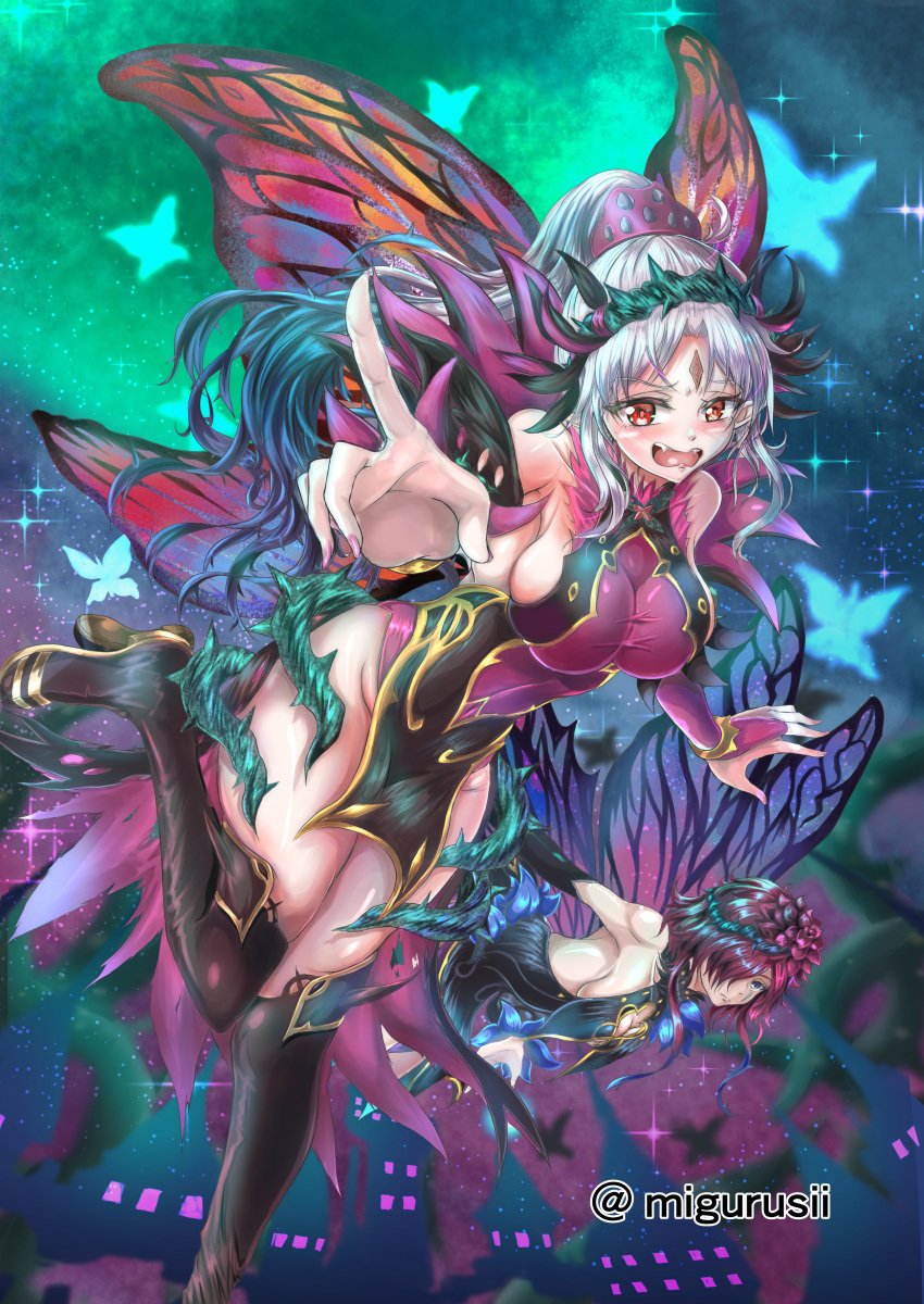 2girls armpits bare_thighs blue_eyes boots breasts cleavage cleavage_cutout fairy fairy_wings female female_only fire_emblem fire_emblem_heroes grey_hair hair_over_one_eye large_breasts long_hair looking_at_viewer medium_breasts medium_hair multicolored_hair multiple_girls nail_polish nintendo open_mouth pelvic_curtain pink_nails plumeria_(fire_emblem) pointing ponytail purple_hair red_eyes sideboob smile thick_thighs thigh_boots thighs triandra_(fire_emblem) underboob very_long_hair violet_migu18