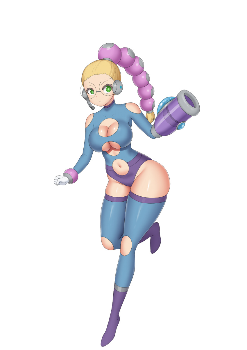 android blonde_hair blue_clothes eden_crest green_eyes hand_cannon headset infected kainkout ponytail robot robot_girl robot_humanoid shiny_skin small_breasts white_gloves