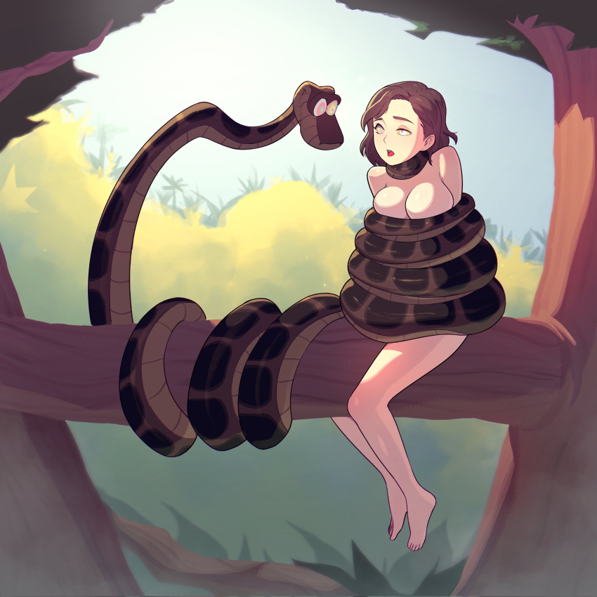 1girls animal breasts brown_hair coiling disney eye_contact female female_focus hi_res hypnosis kaa kaa_eyes leah_(leahlucie) medium_hair nude_female on_tree satelyte snake the_jungle_book