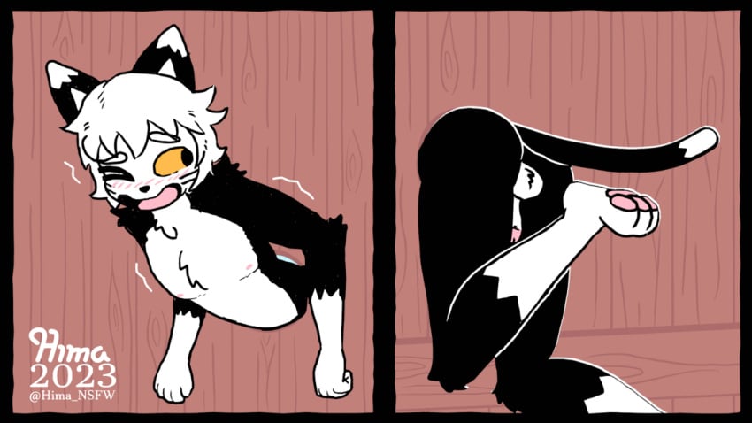 animated anthro black_body black_fur blush embarrassed felid feline fence fur furry hair hima_nsfw leg_wiggle looking_back male mammal pawpads pop_(popstick) solo struggling stuck tail tail_motion tailwag through_wall white_body white_fur white_hair