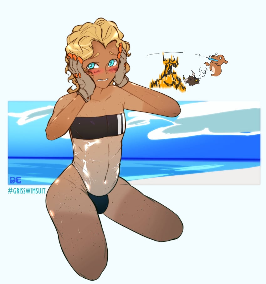 beach blonde_hair blue_eyes curly_hair dark_skin davegustave farm_boy_(davegustave) femboy freckles gris_swimsuit male_focus penis_bulge solo tan_lines tanline tanlines trap