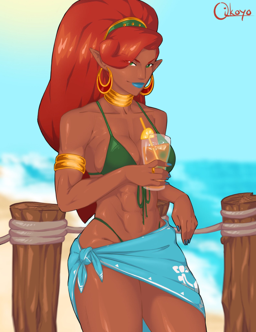 1girls 2022 armlet bikini blue_lipstick breath_of_the_wild collar dark-skinned_female dark_skin drink earrings female female_only fit fit_female gerudo glass green_eyes hi_res high_ponytail jewelry long_hair looking_at_viewer nintendo pointy_ears ponytail qikoyo red_hair seaside smiling smiling_at_viewer solo swimwear the_legend_of_zelda urbosa