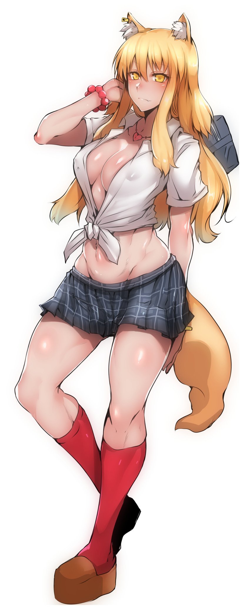 1girls cleavage fate/extra fate/grand_order fate_(series) female fox_ears fox_girl fox_tail gggg kemonomimi long_hair nipple_bulge no_bra open_clothes orange_hair revealing_clothes school_uniform skirt socks solo suzuka_gozen_(fate) tagme tan_body wide_hips