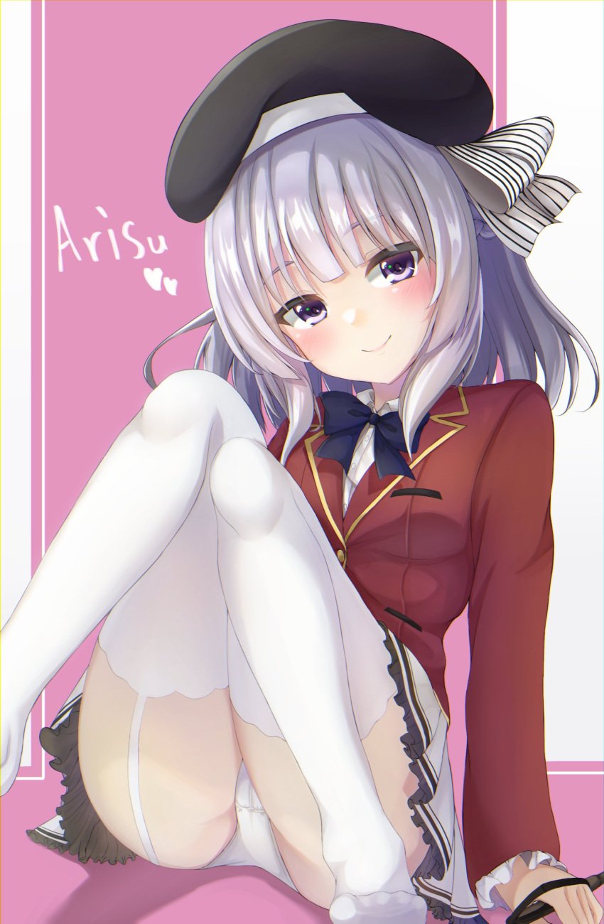 1girls artist_request classroom_of_the_elite eye_open eyes eyes_open eyes_opened female female_only females_only hair human looking_at_viewer open_eyes panties purple_eyes sakayanagi_arisu skirt smile smiley_face smiling_at_viewer socks text thigh_socks thighhighs violet_eyes white_hair white_socks youkoso_jitsuryoku_shijou_shugi_no_kyoushitsu_e