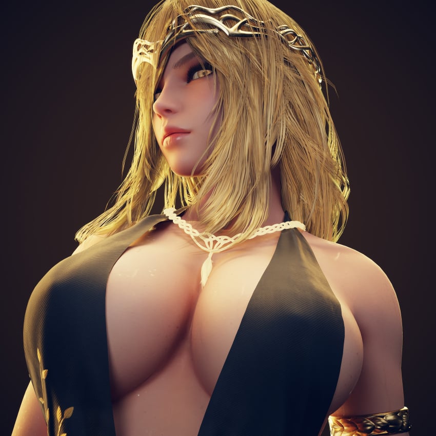 1girls big_ass big_breasts blonde_hair cleavage dress elden_ring female_only fromsoftware goddess golden_eyes milf model model_release queen_marika_the_eternal ryanreos thick_thighs