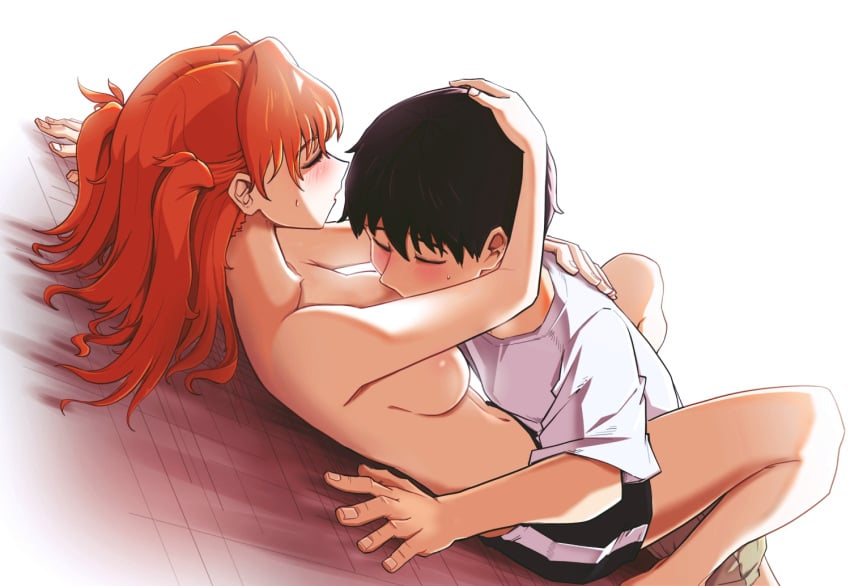 1boy 1boy1girl 1girls asuka_langley_sohryu blue_eyes breast_mounds breast_sucking brown_hair closed_eyes clothed clothed_male couple cuddling face_in_breasts female female_on_bottom floor fringe ginger hand_on_another's_head hug j_s123 js-sv long_twintails male male/female male_on_top neon_genesis_evangelion on_back on_floor orange_hair pale-skinned_female pale_skin pants_only petite romantic shinji_ikari shirtless_female shorts shorts_only straight sucking_nipples teenage_couple teenage_girl teenager topless topless_female twintails white_background