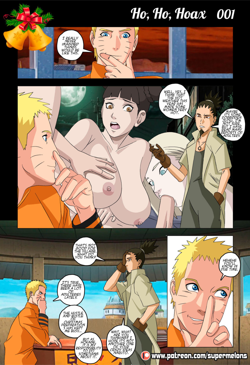 2boys 2girls blonde_hair blue_eyes boruto:_naruto_next_generations breasts brown_eyes christmas comic dialogue english_text ino_yamanaka long_hair nara_shikamaru naruto naruto_(series) page_1 story super_melons tenten uzumaki_naruto